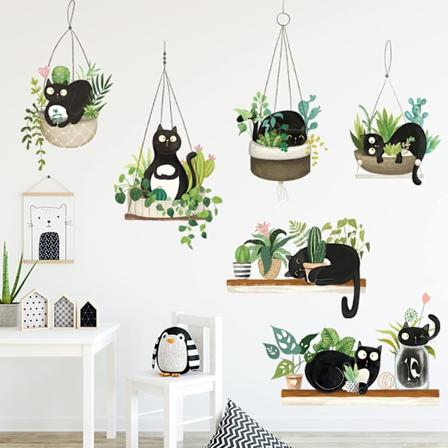 Grön krukväxtkaktus väggdekal söt svart katt klistermärken, kreativ tropisk bonsai blomma kaktus tapet, avtagbar djurkonst väggmålning för sovrum