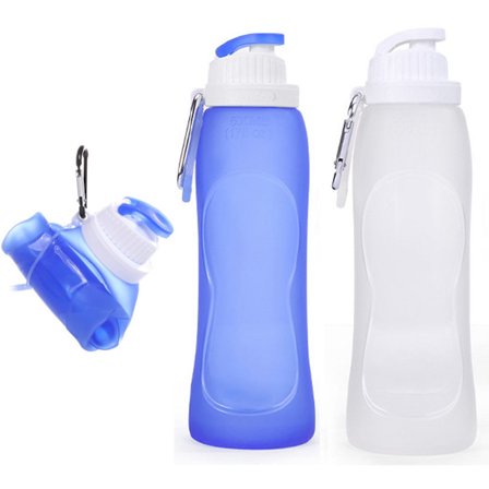 Sammenklappelig vandflaske 2 stk. 500 ml drikkeflaske med karabinhage vandpose holdbar silikone foldbar BPA-fri til fitness yoga blå gennemsigtig