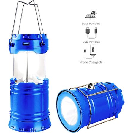 Bærbar LED-campinglanterne, ultrasterk, USB-oppladbar, solcelledrevet, batteridrevet lommelykt, for camping, fotturer, skur ved strømbrudd (blå)
