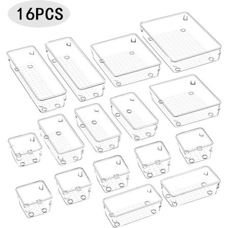 Oppbevaringsboks 16 delers organiseringsbokssett, akryl organiseringssystem (16 deler), stablebar, transparent oppbevaringsboks uten lokk