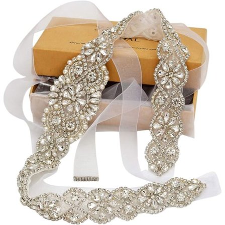 Bryllupsbelte med håndsydde steiner, bryllupsbelte med klare krystaller, 22 tommer langt med hvitt organzabånd til brudekjole