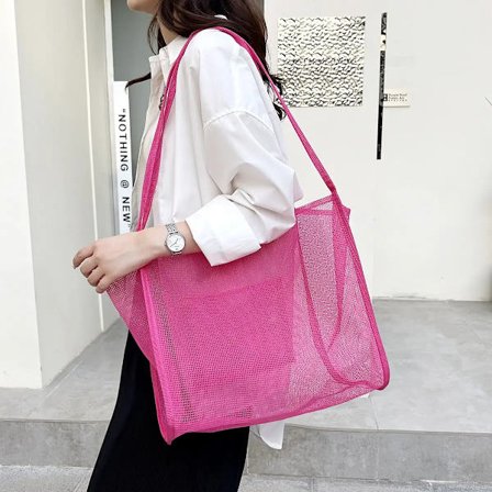 Yogodlns Trendy New Mesh Hollow Out Tote Bag Candy Beach Bags Travel Handbag Large Capacity Canvas Shoulder Bag Shoping Totes