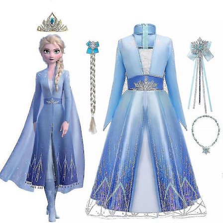 Elsa Cosplay -asu tyttölapselle, prinsessamekko + kaulakoru + rusetti + peruukki