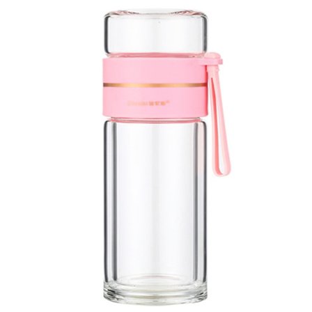 IC Dubbelväggig Glas Te Mugg med Infusionskorg Bärbar Te Mugg för Lös Te Resemugg med Sil Dubbel Användning Mugg - Rosa