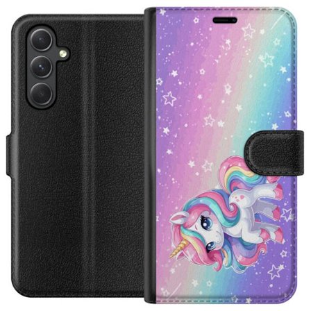 Yhteensopiva Lompakkokotelo Samsung Galaxy A25 Stitch polaroid-kehyksissä sinisillä pastellisävyillä ja suloisilla ilmeillä kollaaseissa sydämillä