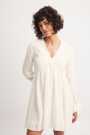 NA-KD Linen Blend Lace Trim Mini Dress - Robes en lin - Crème - EU 40