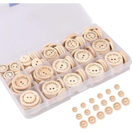 150 stycken handgjorda träknappar, 2 hål, sömnad och hantverksdekoration (15 / 20 / 25 mm)