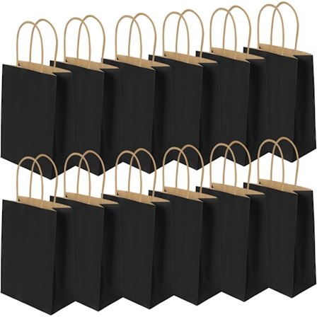 Papirposer til fest, 12 stk. gave- og slikposer med håndtag, sorte kraftpapirposer til børnefødselsdag, fødselsdag, bryllup, jul (150x80x210mm)