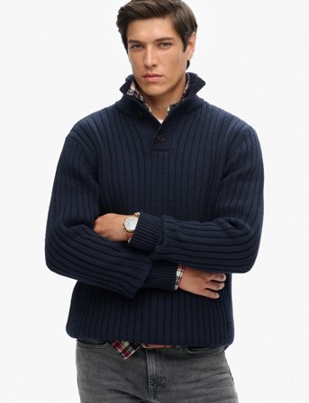 Superdry Vintage Ribbed Henley - Navy - XL