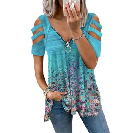 T-shirt Sommartryck Print V-ringad Dragkedja Tshirt Hollow Pullove