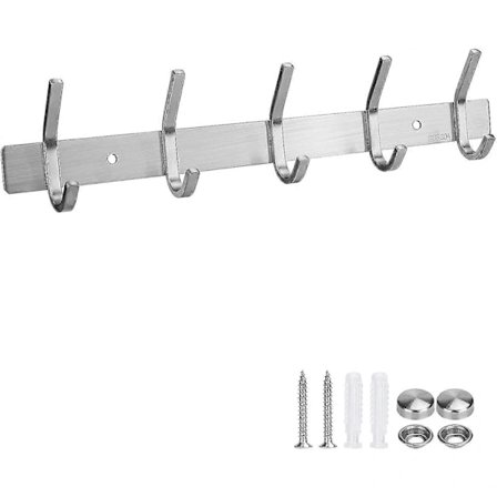 Coat Rack with 5 Hooks, Stainless Steel, Rustproof Coat Hook for Jackets, Clothes, Hats, Belts, Keys