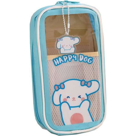 Stor kapasitet etui, søt jente etui gjennomsiktig stor pennal skoleutstyr (blå hund)