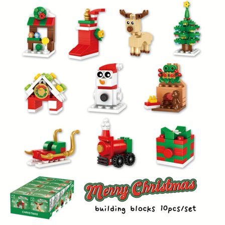 10-dels julbyggset med julgran, tåg, älg, tomte, snögubbe, öppen spis, släde och fler festliga figurer (FMY)