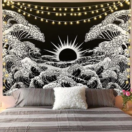 1 stk veggteppe Mandala-teppe Stor bølge med solnedgang Svart og hvitt teppe Veggteppe til stue soverom (150x130cm)