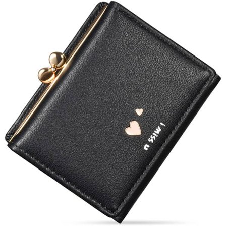 Svart - Dame PU-lommebok i skinn med flere rom Kredittkortholder Organizer Trefoldig skinnlommebok Myntveske med metallhjerte-spenne Gave - 1