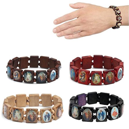4 st Trärosary Jesus Armband Elastiskt Stretch Armband med Bilder av Religiösa Helgon Katolska Heliga Gudar Gudinna Bön Manifestation Armband