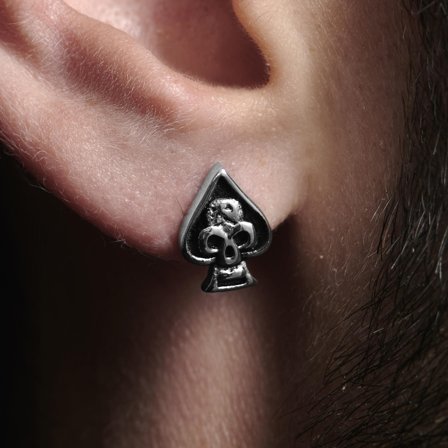 Pendiente calavera de as de picas para hombres - Pendientes con cierre a presión
