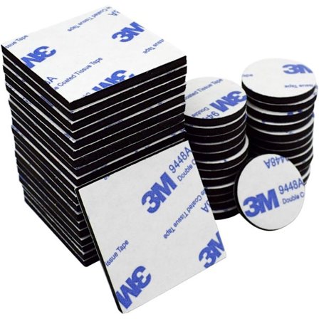 Dobbeltklæbende puder, sorte, 50 stk. klæbepuder i skum, firkantede og runde