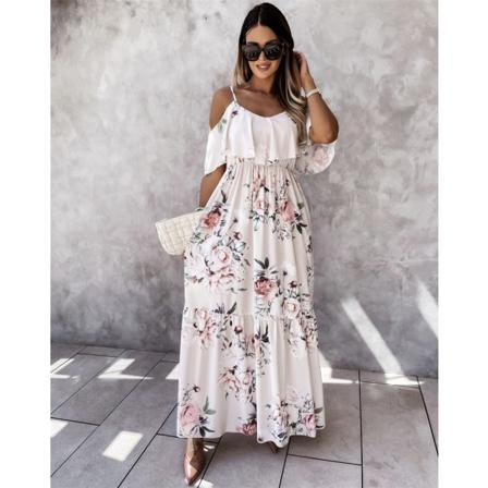 Boho Klänning Dam Vår V-ringad Ruffle Slin Party Retro Blommor P