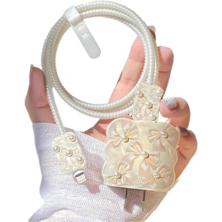 Laddningskabel Skydd för iPhone Laddare, Elegant Fluga med DIY Pärlor Design Kabel Skydd för Kvinnor Flickor, Vågformad Rosett Kabel Laddare Skydd