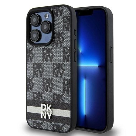 DKNY skinnveske med rutete ensfarget mønster og trykte striper iPhone 15 Pro-etui - svart