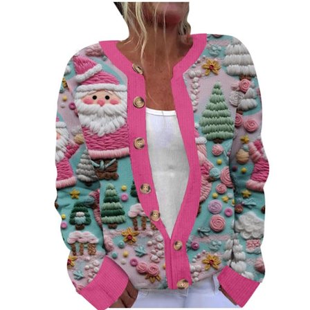 Julkofta för damer i stora storlekar med tryck, knappar, varm och bekväm grovstickad jacka