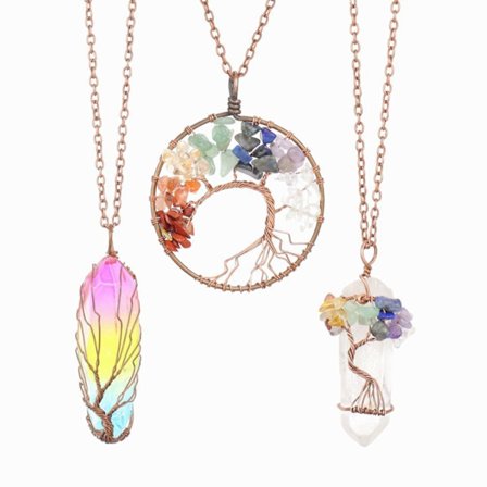 3 delar Trädlivshänge kvartskristallhänge halsband Chakra Gem Koppartråd lindningshalsband för kvinnor män
