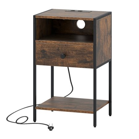 Yöpöytä latausasemalla, laatikolla ja hyllyllä, maalaismainen ruskea