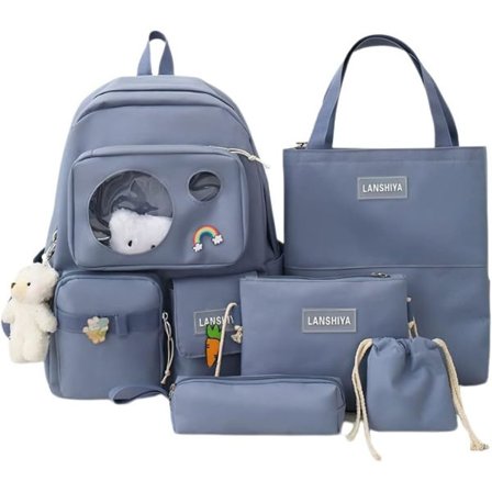 Kawaii Estetisk Søt 5 stk skolesekksett med tilbehør Skoleutstyr for tenåringsjenter Ryggsekk Tote Bag (blå)...