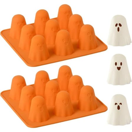 2-pak Halloween Silikoneform, 3D Spøgelsesform, Non-stick Chokoladeforme med 9 Huller til Gelé, Gummier, Budding