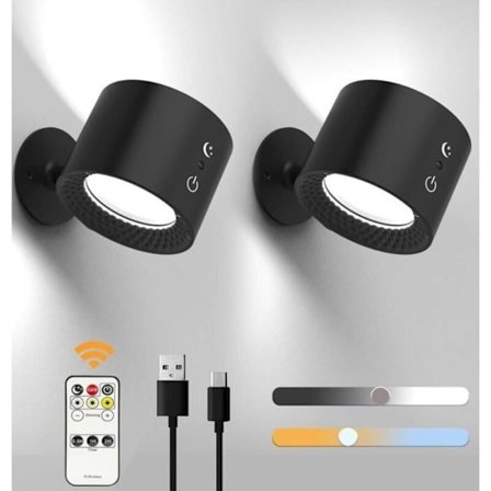 Smart Magnetisk Væglampe 2-pak, USB-genopladelig med fjernbetjening, 3 farvetemperaturer & dæmpbar LED-natlampe til soveværelse, gang