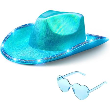Cowgirl-hatt med rom-neonglitter, hjerteformede solbriller, fancy metallgris Raffy disco Halloween bursdag jenterfest Blue