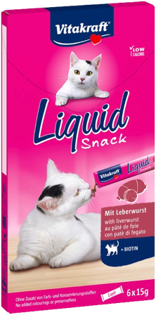 Vitakraft - Flytende Snack Leverpølse + Biotin 6x15g - Katt - Kattegodteri & kattegress - Belønningsgodbiter katt - ZOO.no