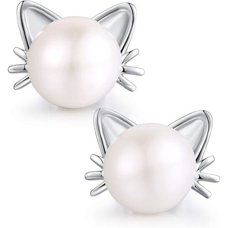 Silver Katt Örhängen - Kattsmycken för Kvinnor - Silver Katt Pärlörhängen för Flickor