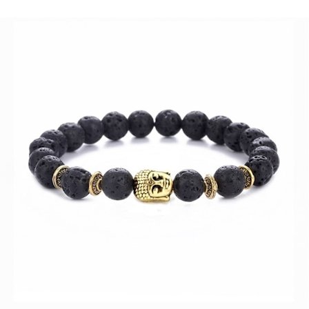 Handgjort Armband Svart Lavasten och Guld Buddha