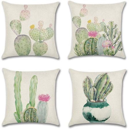 Sæt med 4 pudebetræk 45 x 45 cm Polyester og linned dekorativ pudebetræk Bil Sofa Hjem Indretning Pudebetræk (Kaktus)