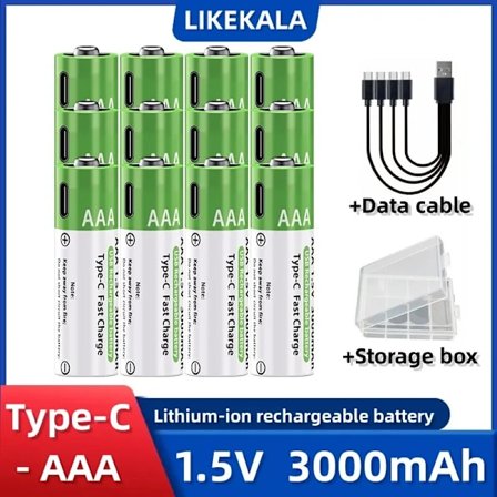 LIKEKALA Li-ion AAA genopladelige batterier Type-C Lithium-ion 3000mAh 1,5V AAA genopladeligt batteri + datakabel og opbevaringsboks