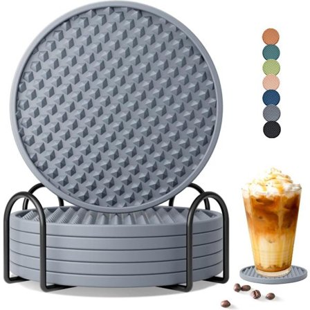 Drikke Brikker Sæt med 6 med Holder, Silikone Brikker Bordbeskytter til Enhver Bordtype, Brikker, til Boligindretning og Bryllupsgaver, Grå