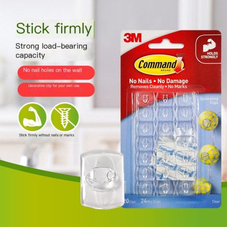 /Hc/Command Dekorationsklemmer, pakke med 20 minikroge og 24 små strips, transparent - hængeklemmer til dekorationer og lyskæder, væglim