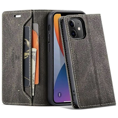 För Autspace iPhone 12/12 Pro A01 -sarjan retro himmeä lompakkokortti nahkakotelo musta harmaa iPhone 12 6,1 tuumaa