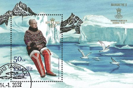 Grønland - Dronning Margrethe 50 års regentjubilæum - Stemplet miniark