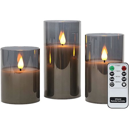 Sæt med 3 LED-stearinlys i glas med fjernbetjening, H10cm/ 12.5cm/ 15cm