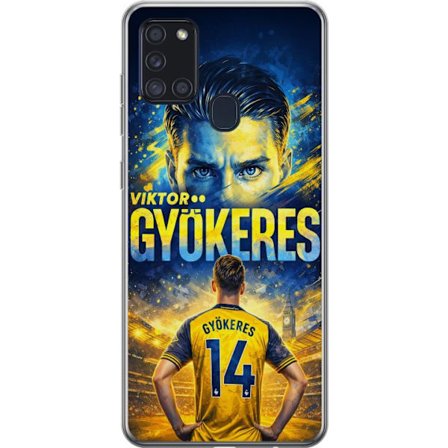 Kompatibelt Mobildeksel til Samsung Samsung Galaxy A21s Viktor Gyökeres fotballplakat i gult og blått med dramatisk stadionbakgrunn, sportillustrasj