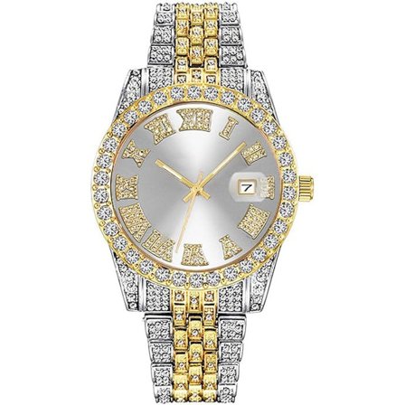 Herrar Diamant Klocka Mode Kristall Rhinestone Kvarts Analog Klocka Iced-Out Armband Armbandsur