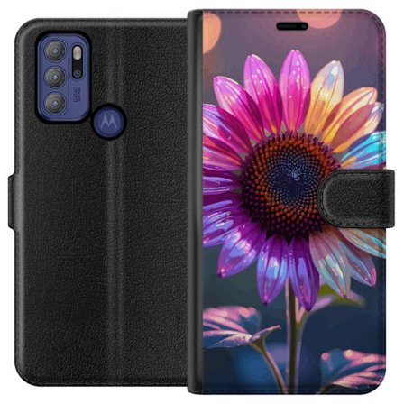 Kompatibelt Lommeboketui til Motorola Moto G60S Irideserende blomst med glitrende kronblad i rosa lilla og gull mot myk bokeh bakgrunn