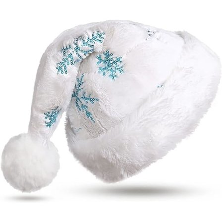 Hvid julehat til voksne med juleplys og blå snefnug