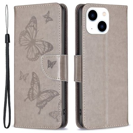 Butterfly läder iPhone 15 fodral - Silver/Grå