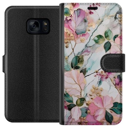 Yhteensopiva Lompakkokotelo Samsung Galaxy S7 Abstrakti marmorikuvio kukilla, lehdillä ja kultaisilla yksityiskohdilla pehmeissä pastellisävyissä
