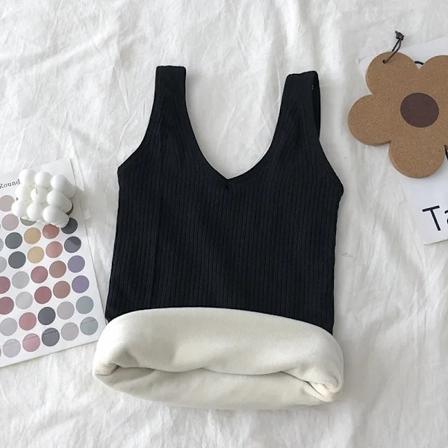 Alsidig varm tyk fleeceforet efterårs- og vintertanktop til kvinder - Termisk undertøj - Basislag - Smukt inderlag Black fleece-lined vest S