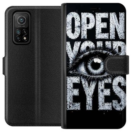 Yhteensopiva Lompakkokotelo Xiaomi Xiaomi Mi 10T Pro 5G Tumma tyypillinen kuvaus silmällä ja teksti Open Your Eyes, vahva kontrasti ja raaka taiteel
